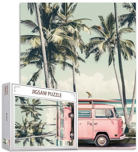 Tucocoo Tropische Insel-Ozean-Puzzles für Erwachsene, 1000 Teile, rosa Vintage-Van-Palmen, Kunst-Puzzle, bunte DIY-Puzzles für Heimdekoration, Geschenk, Familienpuzzle, perfekt für Spieleabende