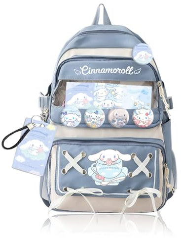 Roffatide Anime Zimt Kawaii Rucksack mit 21Pcs Zubehör Cartoon Reise Ästhetische Neue Semester Geschenke Tasche mit netten Pins Anti-Diebstahl Laptop Rucksack Reise Wandern Daypacks Rucksack Blau