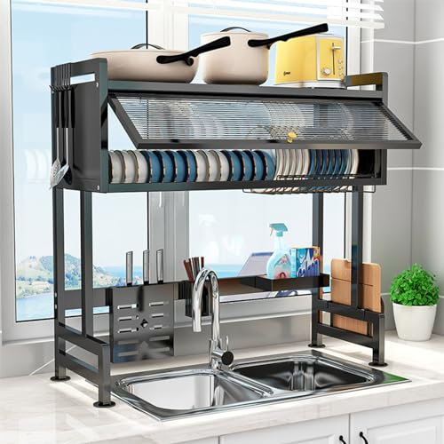 Genérico Escurridor de Platos sobre el Fregadero, escurridor de Platos de Acero Inoxidable de 2 Niveles, Organizador de encimera de Cocina Grande con Puerta abatible para Platos, Vasos, Cuencos y Cub