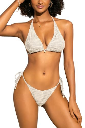 SHEKINI Bandeau Triangel Bikini Damen Set Sexy Cheeky Niedrige Taille Bikini Damen Neckholder Bikinis für Damen(XL, Hell Apricot)
