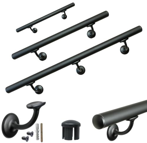 Parpyon® Corrimano per scale interne Tubo passamano Acciaio Inox Prodotto 100% Italiano Fissaggio a parete Kit montaggio FACILE fai da te scala e balaustra (Nero, 80cm)