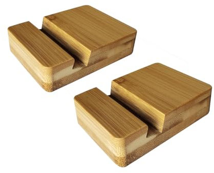 DUXIAOSHA Cell Phone Stand, Universal Tablet Stand Pocket Desktop Holder Cradle for Mobile eReader eBook Video-Calls Office Home Kitchen or Travel - Bamboo Phone Stand - 2Pack