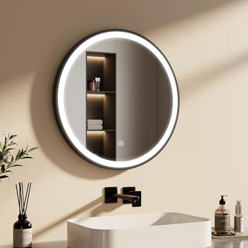 EMKE Badspiegel Rund Schwarz 60 cm, Einstellbarer Helligkeit | Badspiegel mit Beleuchtung und Touchschalter, Speicherfunktion, Runder Spiegel