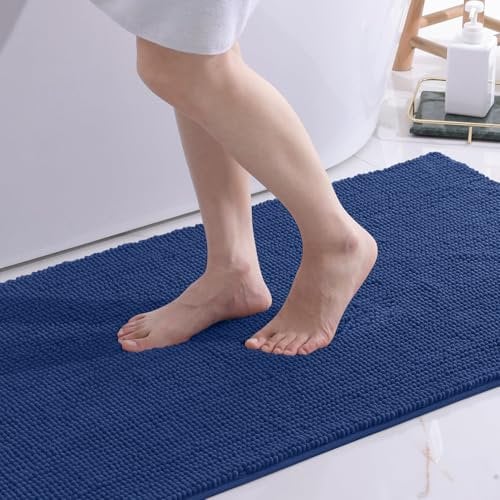 OLANLY Chenille Badematte rutschfest Badezimmerteppich Weich Badteppich Saugfähige Badvorleger Waschbar Duschvorleger für Badezimmer, 60 x 120 cm, Marine Blau