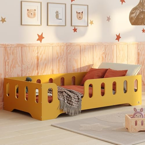smartwood Bodenbett 80x160 Gelb - Montessori Kinderbett aus Holz mit FSC-Zertifikat TILA 2L mit Rausfallschutz & Lattenrost bis 230kg belastbar - Einfache Montage