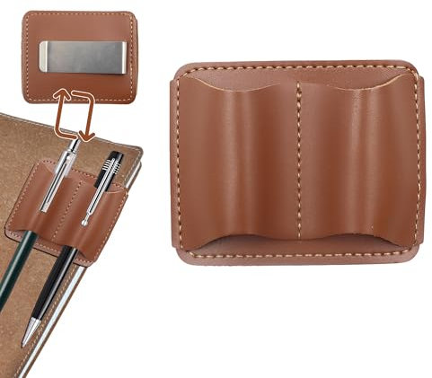 Simaixing Stifthalter aus Leder für Notizbuch, 7,4 x 5,8 cm, handgefertigter kleiner Notizbuch-Stifthalter mit Clip, Doppelschlitz, Stifthalter für Tagebuch, Buch, Klemmbrett (Braun)