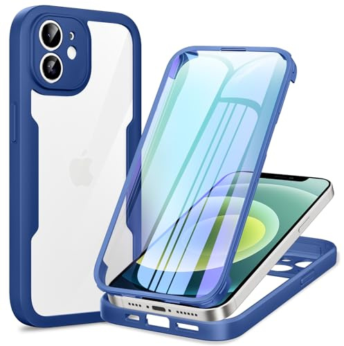 Phoona für iPhone 12 Hülle, 360 Grad Robust Stoßfest Schutzhülle mit Eingebautem Displayschutz, Case Transparent Panzerhülle Handyhülle für iPhone 12, Blau