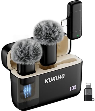 KUKIHO Kabelloses Lavalier Mikrofon mit Ladekoffer, 36h Akkulaufzeit, Rauschunterdrückung, 40m Reichweite, Plug-Play Ansteckmikrofon für iPhone/iPad/Android/PC, YouTube, Vlog, Live-Streaming