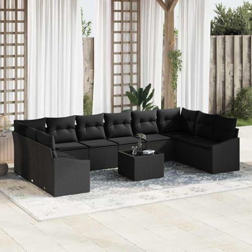 QJBSAVVA Gartenlounge Schwarz 11 TLG Gartensofa mit Stauraum Polyrattan wetterfest modular Outdoor Lounge Eckbank 55x55 cm inkl Tisch für Terrasse Balkon Gartenmöbel Set für 10 Personen