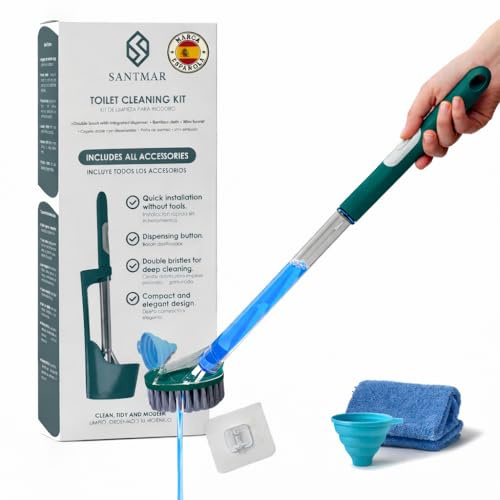 SANTMAR Kit Escobilla WC con dispensador de jabón Recargable, Set Completo Limpieza Inodoro 3 en 1 con Base ventilada, paño de bambú, Embudo antigoteo y Gancho Adhesivo sin taladros para baño Moderno
