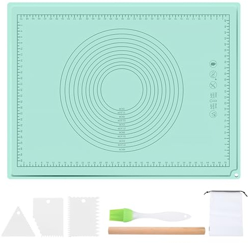 Backunterlage - 70×50 cm Rutschfeste Antihafte Teigmatte mit Messung, Groß Silikonmatte Backen Silikon Baking Mat, Ausrollmatte mit Nudelholz, Teigkarte, Backpinsel für Fondant, Pizza, Teig, BPA Frei