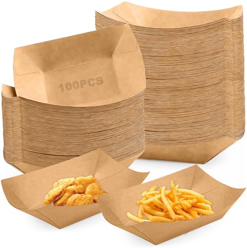 100Pcs Cuenco Cartón Kraft, Bandejas Desechables Contenedores Currywurst Marrón 12.6x7.5x3.6cm, Bandeja Comida Cuencos Papel Salchichas para Patatas Fritas, Merienda, Ensalada, Aperitivos, Bocadillos