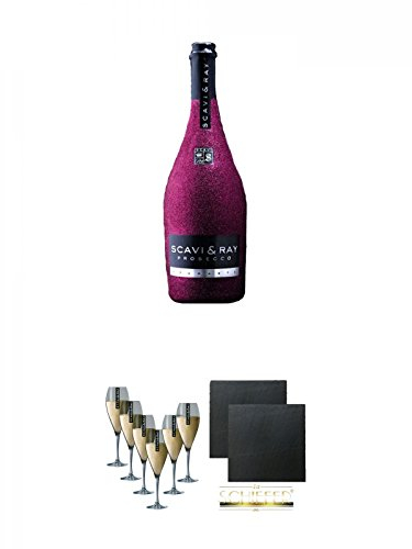 Scavi & Ray Prosecco Spumante GLITZER - PINK - EDITION 0,75 Liter + Scavi & Ray Prosecco (durchsichtig) Glas 6 Stück + Schiefer Glasuntersetzer eckig ca. 9,5 cm Ø 2 Stück