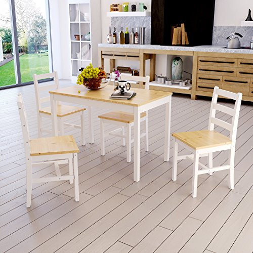 Anaelle Ensemble Table en Bois + 4 Chaises pour Salle à Manger, Cuisine, Séjour, Café (Blanc+Bois)