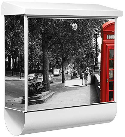 banjado® Burgwächter Briefkasten Weiß 38x39x12cm mit Motiv London Phone/Briefkasten mit Zeitungsfach/Briefkasten mit Zeitungsrolle/Postkasten inkl. Montagematerial & 2 Schlüsseln