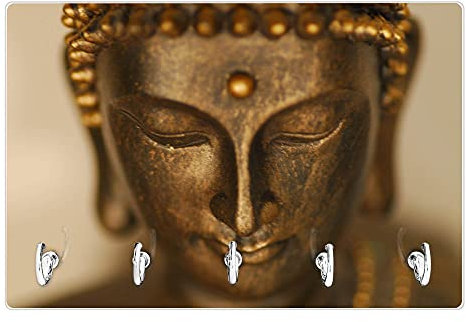 banjado Schlüsselbrett aus Glas | Schlüsselboard 30cm x 20cm | beschreibbar und magnetisch | Schlüsselleiste mit 5 Haken | Motiv Buddha Gold