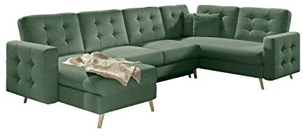 MOEBLO Ecksofa mit Schlaffunktion mit Bettkasten Couch U-Form Polstergarnitur Wohnlandschaft Polstersofa mit Ottomane Couchgranitur - ASLAN U (Grün (Solid 39), Ecksofa Links)