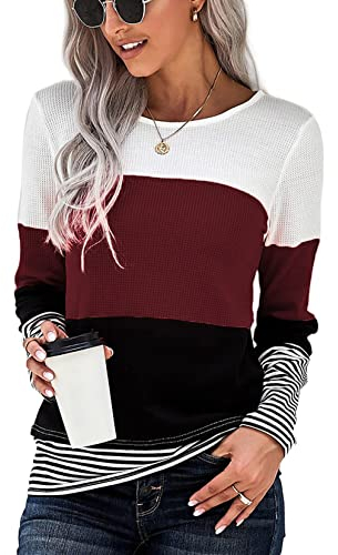 SMENG Bequeme Shirts Damen Blusen Basic Langarmshirt Gestreift Lässig Shirt Schöne Oberteile Farbblock Tunika Waffel Klamotten Pullover Weinrot XXL