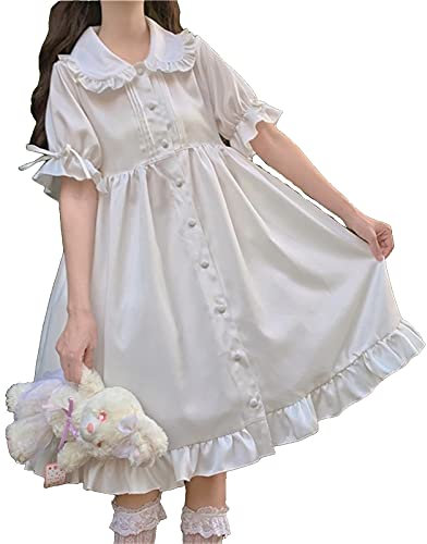 Esdlajks Lolita Gothic Dress - Kawaii Japanese Sweet Girl Dress With Retro Peter Pan Collar & Puff Sleeves - Adult One Size (White)