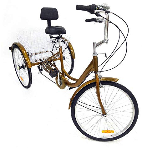 Fetcoi 24 Erwachsene Dreirad 6 Gänge 3 Räder Fahrräder Comfort Tricycle mit Einkaufskorb, Aluminium Dreirad Cruiser für Senioren Outdoor, Gold