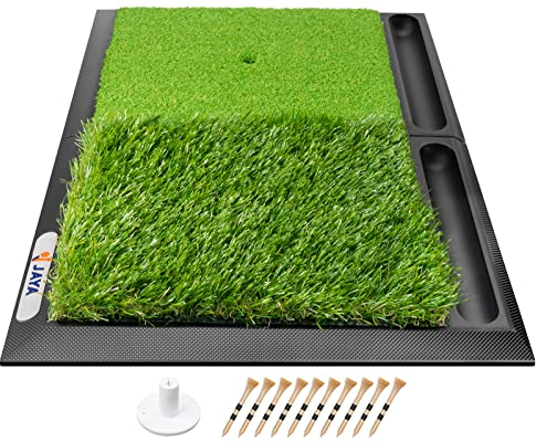 JAYA 25 x 17 Golf Hitting Mat with Ball Tray, Heavy Rubber Base, Fairway & Rough Turf Golf Training Mat, Golf Tees and Rubber Tee Holder Included, Portable Golf Practice Mat for Indoor and Outdoor