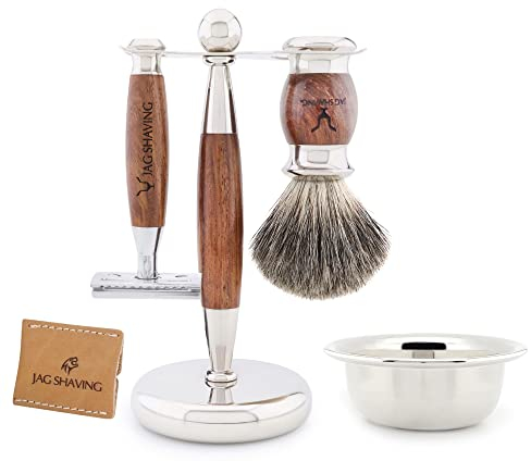 Jag Shaving Germany LEE Range 5-teiliges Rasierset - Super Dachshaar Rasierpinsel - doppelkante Rasierhobel - Rasierständer - Ledertasche für Rasierhobel - Rasierschale - Holz Rasierset