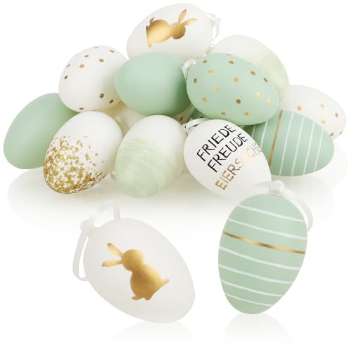 com-four® 16x Ostereier zum Aufhängen - dezente Hängedeko aus Kunststoff in tollen Farben - Osterdeko für den Osterstrauß mit Motiv (16 Stück - weiß/grün/goldfarben)