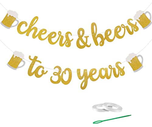 HCRXVV Cheers To 30 Years Girlande,Glitzerbanner Banner für 30.Geburtstag Männer Frauen Deko,30er Gold Schild für Hochzeit Jahrestag Party Dekorationen-Prost Jubiläum Mann Frau Geschenke