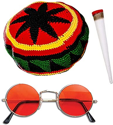 Jamaikanischer Rasta Hut + gefälschte Spliff + rote Brille - Karibik Sommer Strand Party Rastafarian, Bob Marley Kostüm, multi, Einheitsgröße