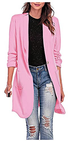 Blazer Femme Chic et Elegant Long Veste de Tailleur Fluides Col Rabattu OL Bureau Affaires Manteau Longue Outerwear Léger Casual Blousons Coupe Vent Manches 3/4 Demi-Saison Automne (Rose, XXL)