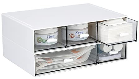 OSteed Desktop Organiser with 5 Drawers, Stackable Plastic Storage Box on Desk, Small Drawers Storage Unit for Home Collection, Cosmetics, Office Supplies (2 Flat Layers, White)