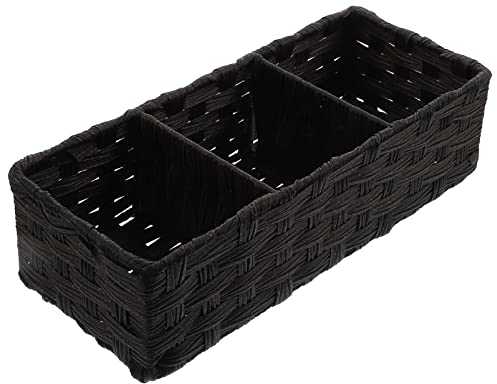 Zerodeko Seagrass Storage Basket 3 Sections Woven Shelf Baskets with Compartment Wicker Divided Storage Basket Tea Bag Sugar Packet Holders Coffee Station Organizer Rectangular Tray Black