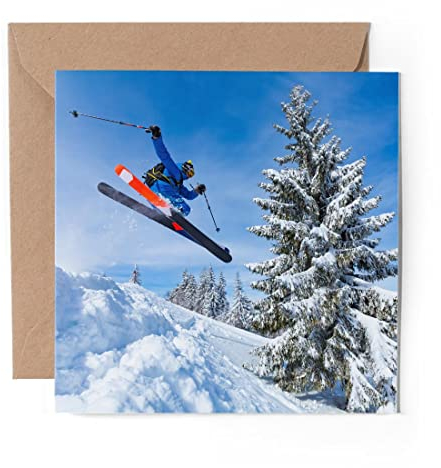 1 x Grußkarte (Fotoeinlage) – Skifahrende Berge Ski Trick – blanko Geburtstagsfeier Jahrestag #14435