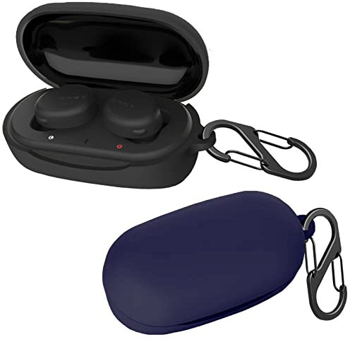 easyBee Funda Compatible con Sony WF-XB700 [con 2 mosquetones], Funda de silicona líquida ultrafina a prueba de golpes Funda para auriculares Bluetooth - Negro y Azul