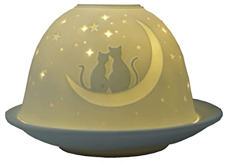 CBK-MS Dome Light Katzen mit Halbmond Porzellan ca. Ø 12 cm Höhe 8,5 cm Windlicht Teelichthalter Teelicht