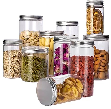 NAVACALA Storage Jars Plastic Jars with metal Lids kitchen Reusable Food Storage Jars Containers Airtight for Dry Food Tea Coffee Sugar 10 Pack (1300ml 900ml 600ml 375ml 220ml) silver