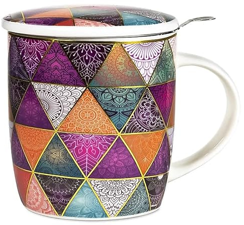 Generico Tasse à Thé Mandala Patchwork Mug Porcelaine Fine Infuseur Inox Cup 400 ml