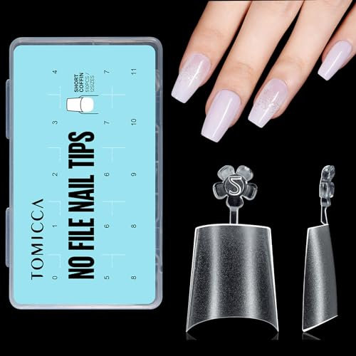 TOMICCA Short Coffin French Edge Nail Tips, 510pcs Half Cover False Nail Tips, Natural Matte False Nails, Acrylic Nail Tips, Artificial Nails Tips for Acrylic Extensions, Salon Nails 15 Sizes