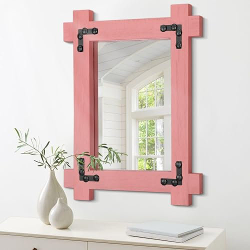 Piccolo specchio rettangolare con cornice in legno rustico rustico da appendere specchi da parete decorazione 40,6 x 30,5 cm camera da letto bagno soggiorno ingresso specchio vintage decorativo rosa