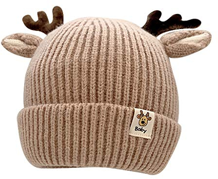 LOIJMK Weihnachten Baby Wollmützen Mützen Geweih Hüte Strickte Baby warme Hüte, Baseballmützen Kinder Cap Mit Namen (Khaki, One Size)