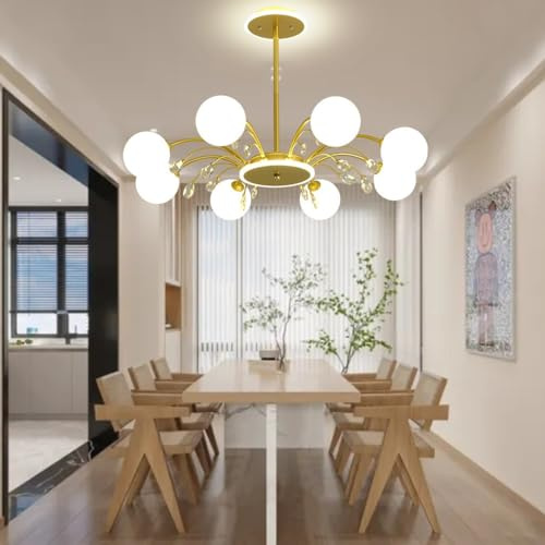 RuiRfh Kronleuchter E27 Kristall Pendellampe aus der Mitte des Jahrhunderts sphärischer Glasschirm Beleuchtung moderne Sputnik goldener Zweig Hängelampe Restaurant Schlafzimmer Wohnzimmer Bar Deckenle