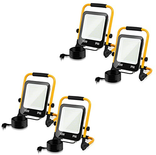 Fiqops LED Baustrahler 100W, Arbeitsleuchte 4x, 10000LM LED Fluter Floodlight mit 3M Kabel und Stecker, Wasserdicht IP66 Austellenlampe für Innen-und Außenbereich Baustelle Garage Werkstatt, Kaltweiß
