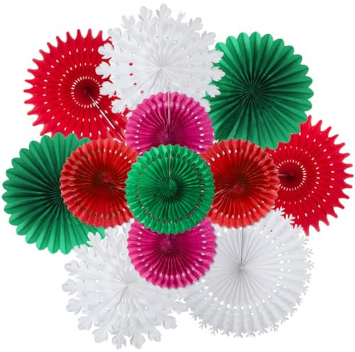 SUNBEAUTY 12 Stück Weihnachten Papier Fächer Deko Set Christmas Party Dekorationen Hängende Schneeflocken Papierfächer(Rot & Grün & Weiß & Rosa) für Geburtstag Party Hochzeit Neujahr Baby Shower