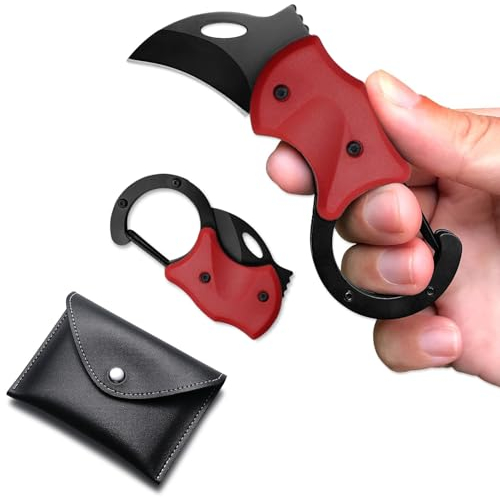 DDFF Couteau pliant, couteau pliant avec mousqueton, Cadeaux pour Hommes, Couteau EDC Pliable, couteau de camping en plein air, Couteau de Survie de Camping et Randonnée (rouge)