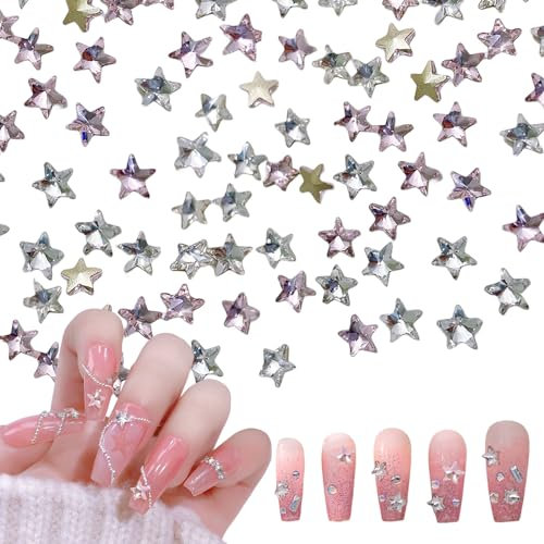 Star Nail Rhinestones,60PCS Pink White Pentagram Nail Gems,Pointed Back Stars Nail Art Decorations for Women Girls Manicure Design DIY Crafts (White & Pink Stars)