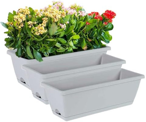 pdodo Lot de 3 jardinières rectangulaires pour balcon - Avec soucoupe parfaite - Pour rebord de fenêtre, balcon - Jardinière étroite pour l'intérieur - Pots de fleurs et herbes aromatiques