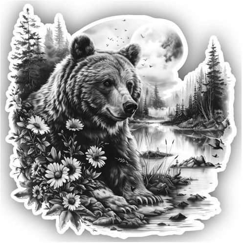 Samunshi® Braun Bär in Wald Szene Aufkleber Mond Berge Autoaufkleber für Motorrad Fahrrad Roller oder Auto Sticker Fahrrad Mtb Mountainbike Rennrad Aquarell Illustration Sticker 49x50cm