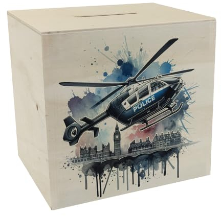 Polizeihubschrauber Spardose aus Holz Police Hubschrauber Spardose aus Holz im Big Ben London Design Ideal für Polizei Einsatz Fans und Sammler