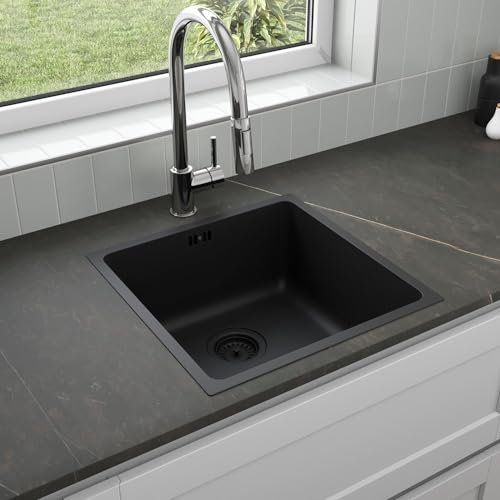 Lussena® 440 x 440mm Stainless Steel Kitchen Sink Single 1.0 Bowl Inset, Black, Free Basket Strainer Waste