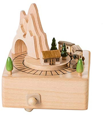 CAFIEDR Kleine Spieluhr mit Zug aus Holz und Bergtunnel mit kleiner Spieluhr mit fahrendem Zug